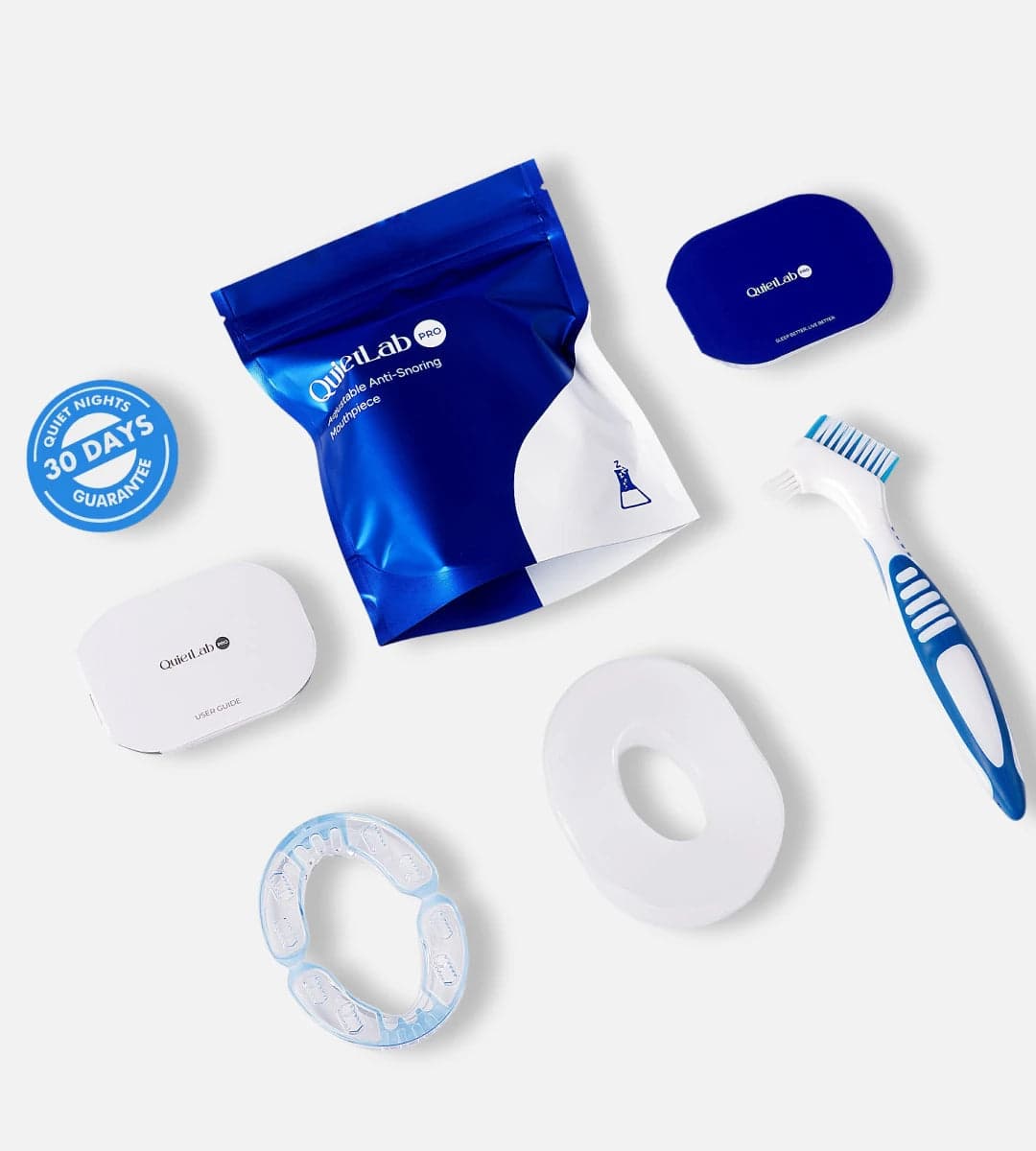 Quellrest Pro kit: adjustable mouthpiece, travel case, cleaning brush, fitting guide and sizing ring