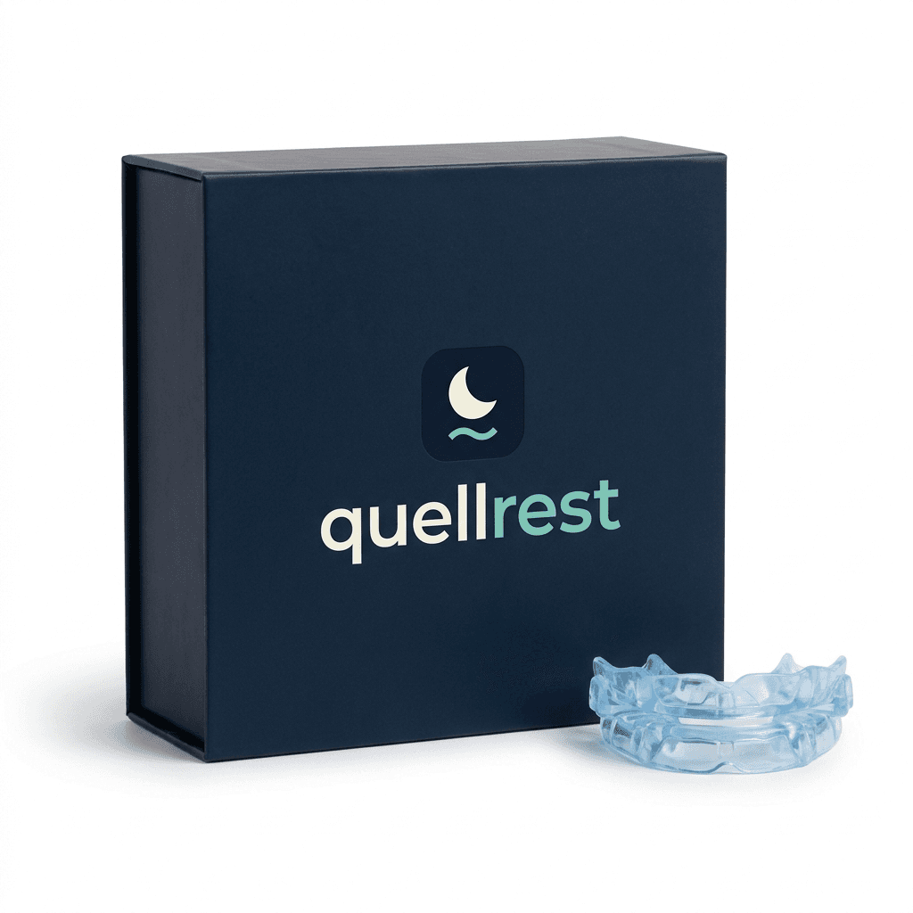 Deep-navy Quellrest gift box with the crescent-moon logo beside the clear Quellrest Pro anti-snoring mouthpiece